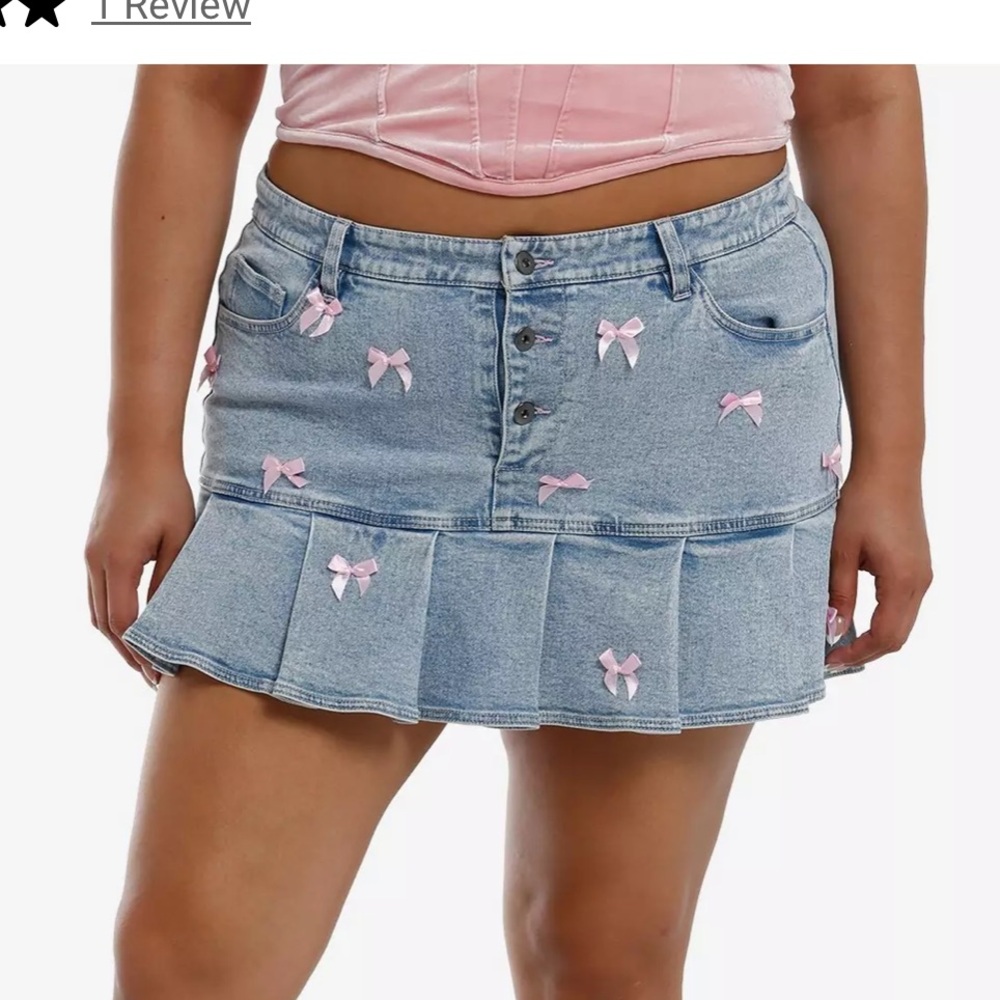 Sweet Society Light Blue Denim & Pink Bow Pleated Mini Skirt Plus Size 1X